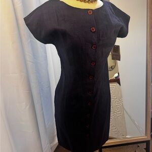 Buttons Navy 100% linen dress with Yellow NWT